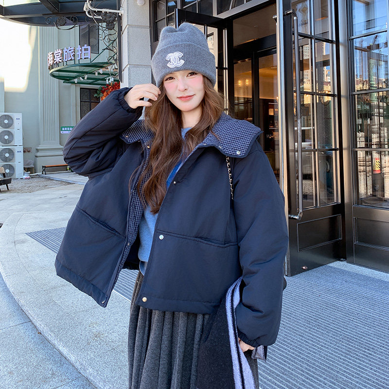 【现货】新款藏青色格子拼接棉服外套2C301-1373-P165-K248,女装棉衣/棉服,2C301