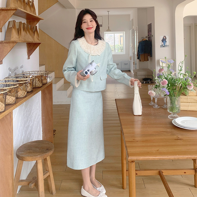蓝色新中式国风西装套装裙女春秋2025新款流行超好看半身裙两件套,女装套装/套裙,2C203