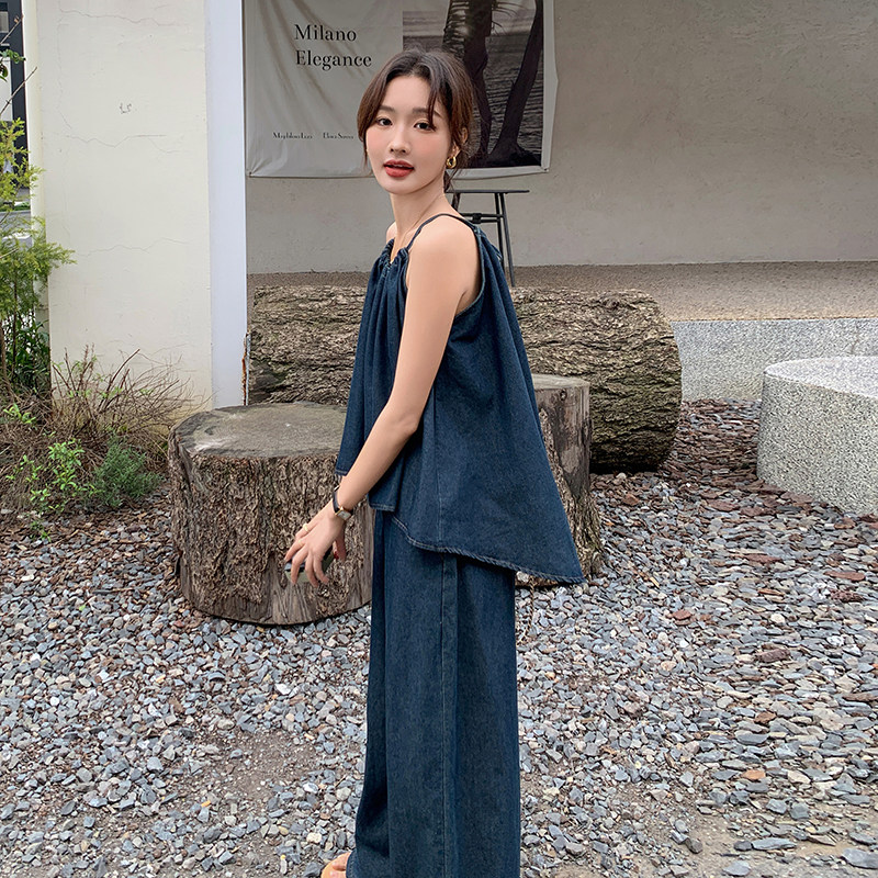 现货:25年夏装新款牛仔吊带上衣＋阔腿裤套装2C135-5068P135K188,女装套装/套裙,2C135