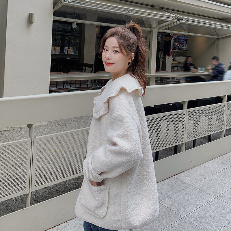 温柔风粉色娃娃领短款羊羔毛外套女2024年冬季新款韩版颗粒绒棉服,女装毛呢外套,2C113