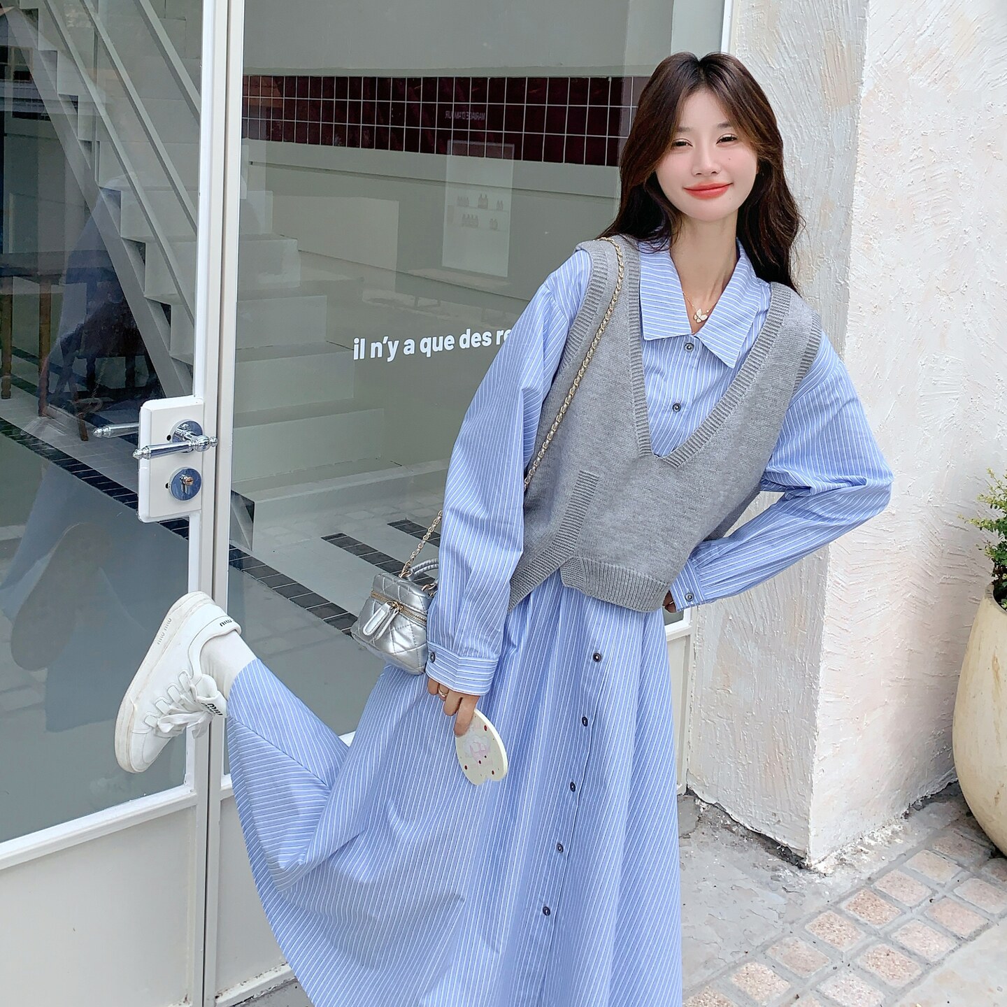 现货新款条纹衬衫长裙+毛线背心两件套25076P155K238,女装套装/套裙,2D035