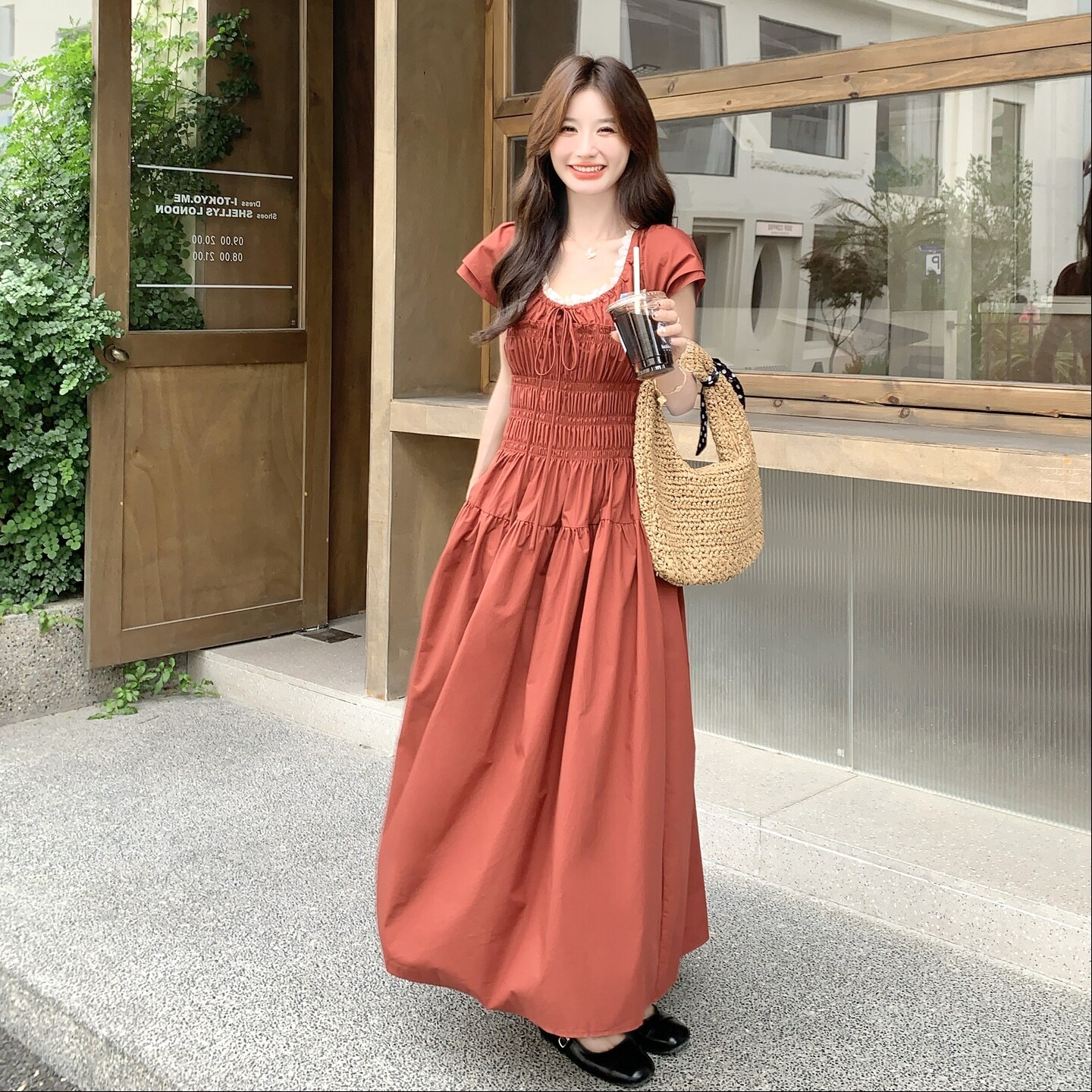 法式复古褶皱抽绳方领泡泡袖连衣裙女夏气质女神范收腰显瘦长裙子,女装连衣裙,2C307