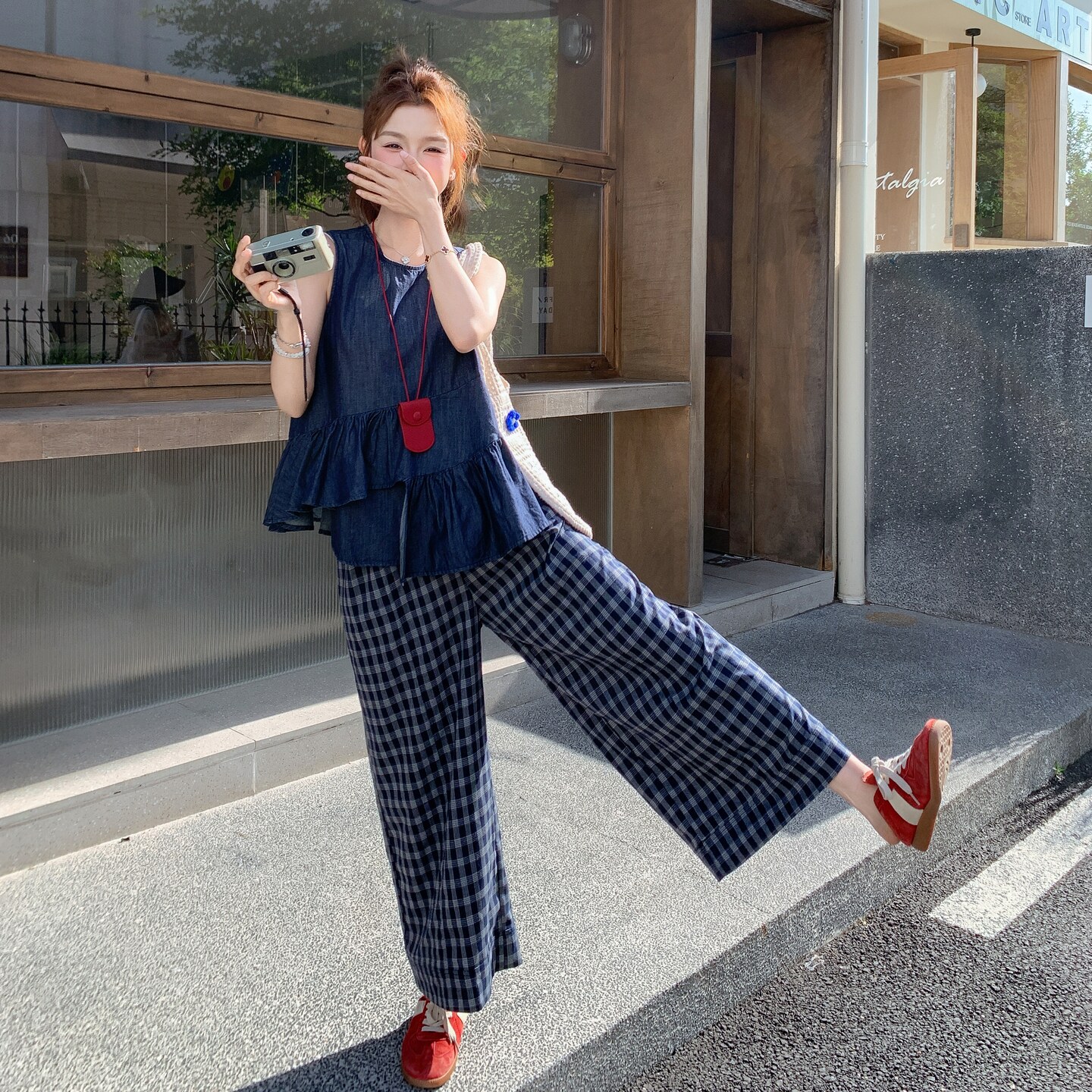 深蓝色荷叶边拼接无袖背心套装女2025年夏季新款格纹阔腿裤两件套,女装套装/套裙,2C098