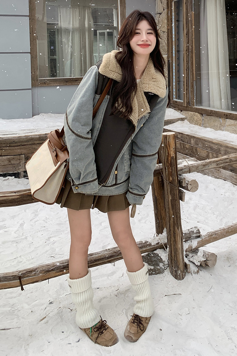 牛仔皮毛一体羊羔毛外套女秋冬巨好看减龄小个子流行爆款加厚棉服,女装皮草,2C299