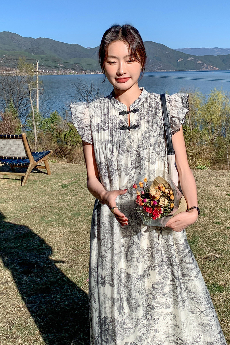 新品新中式水墨画盘扣连衣裙A801P115K168,女装连衣裙,2C269