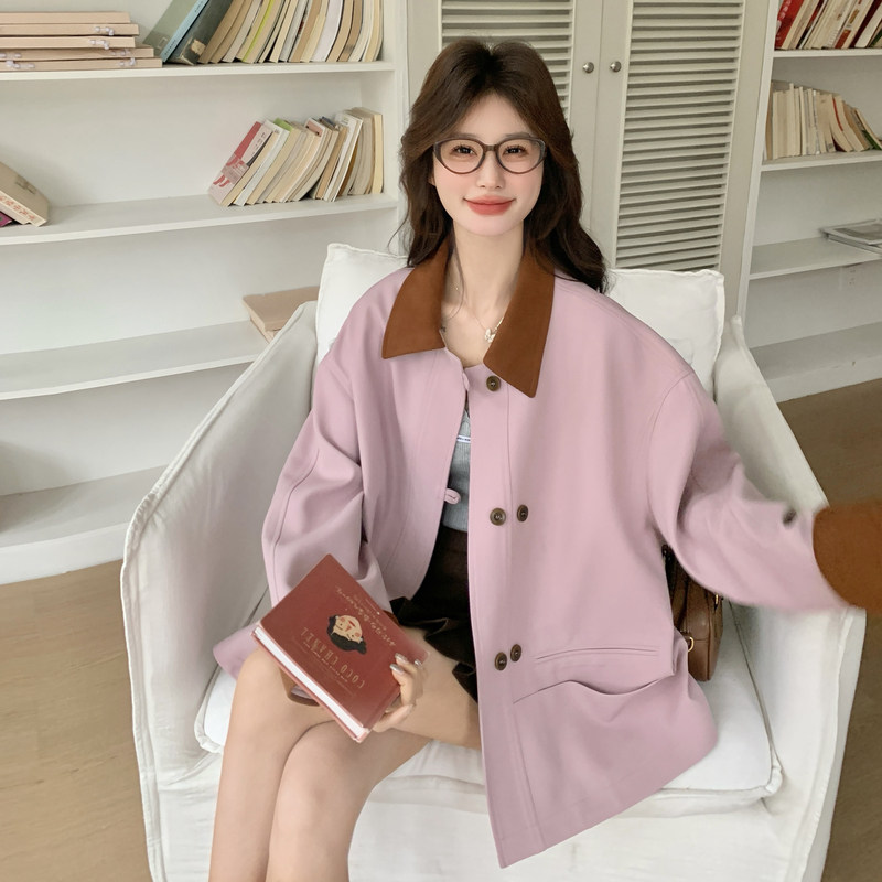 新款！2026春季灯芯绒拼接撞色双盘扣短款风衣外套C206-P150K248,女装风衣,2C320
