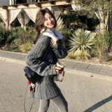 慵懒风毛绒翻领针织套装女秋冬毛衣外套高腰短裙两件套设计感套装，女装套装/套裙，2C166