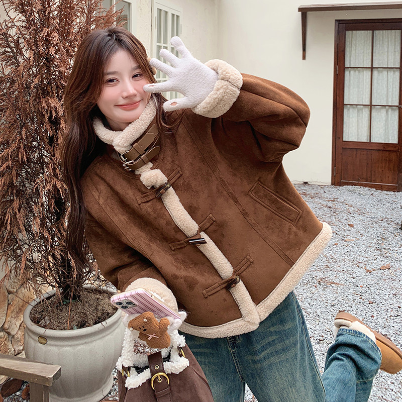 咖色复古加绒外套女冬季2025年新款美拉德穿搭皮毛一体加厚上衣图片