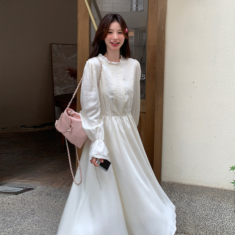 法式气质花边拼接白色连衣裙女春秋2025新款独特漂亮绝美优雅长裙图片