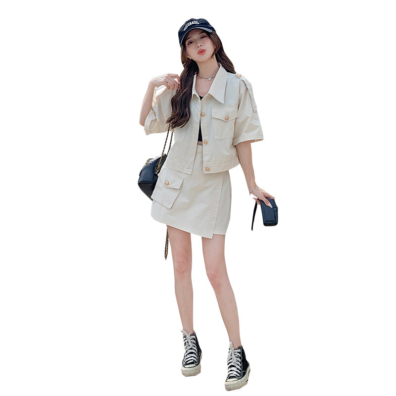 米白色短袖衬衫套装夏季女2025新款工装风宽松减龄半身裙两件套潮,女装套装/套裙,2C295