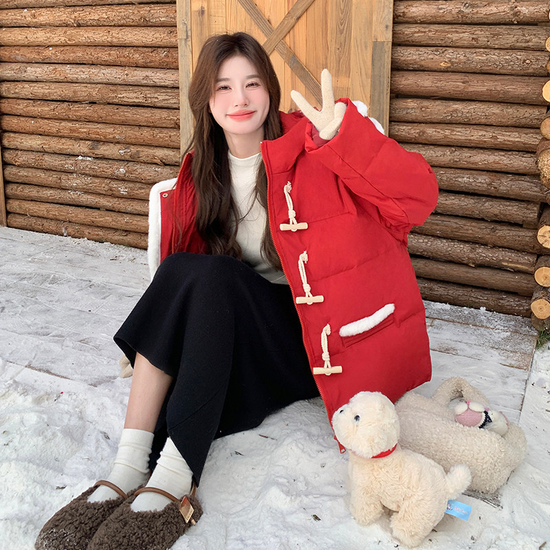红色牛角扣羽绒服女2025冬季新款小个子加厚保暖白鸭绒面包服外套图片