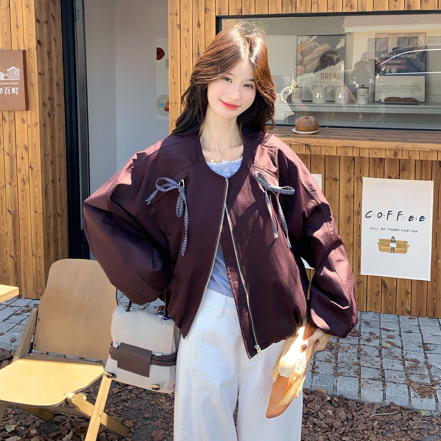 洋气炸街蝴蝶结圆领外套女2025秋季新款超好看宽松小个子短款夹克,女装短外套,2C307