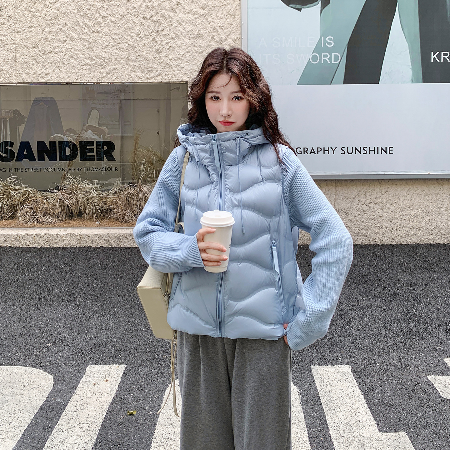 韩系蓝色针织拼接连帽排骨羽绒服外套女秋冬2025新款轻薄白鸭绒,女装羽绒服,2D078