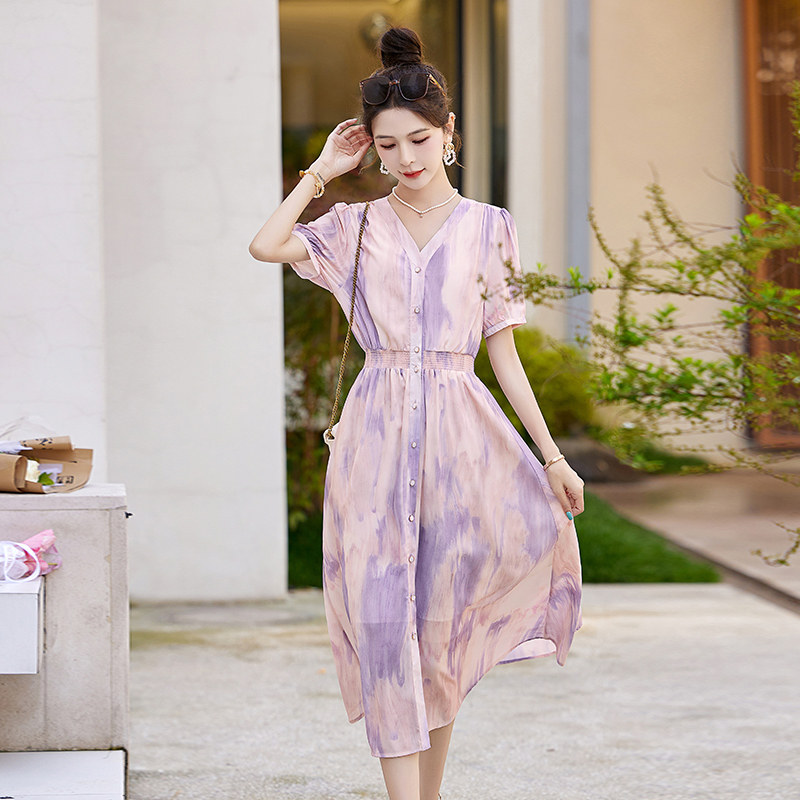 多巴胺彩色晕染连衣裙女2024夏季新款超好看收腰显瘦V领气质长裙,女装连衣裙,吾爱衣