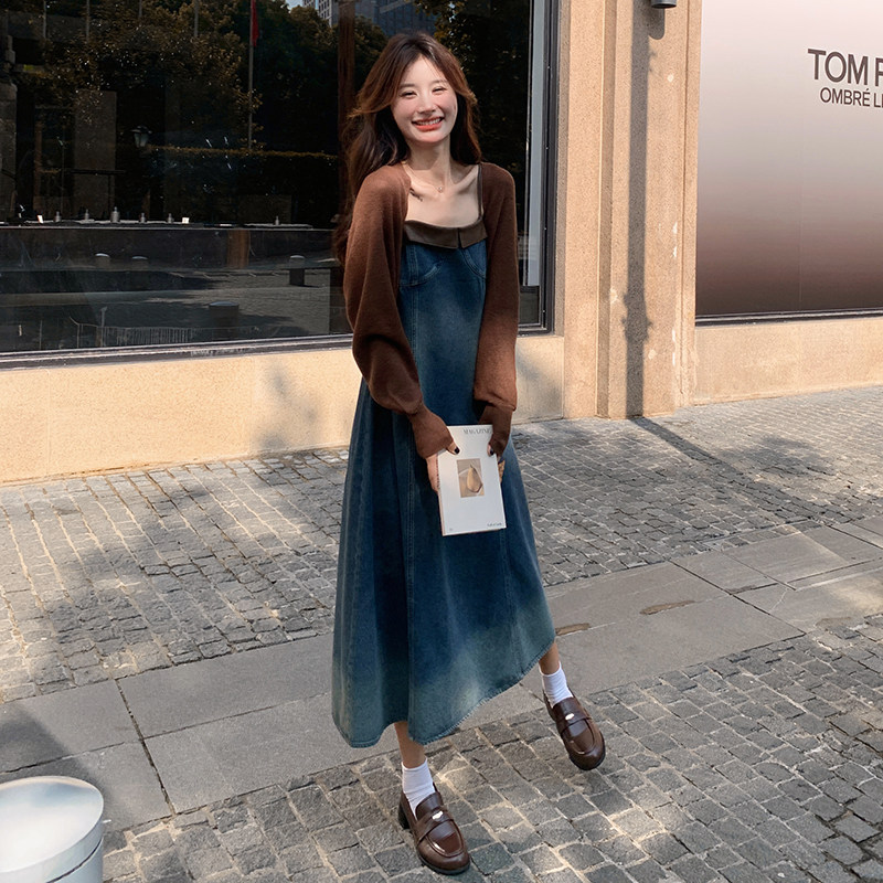 法式针织披肩牛仔吊带连衣裙套装裙女春秋韩系氛围感穿搭减龄绝美,女装套装/套裙,2C166