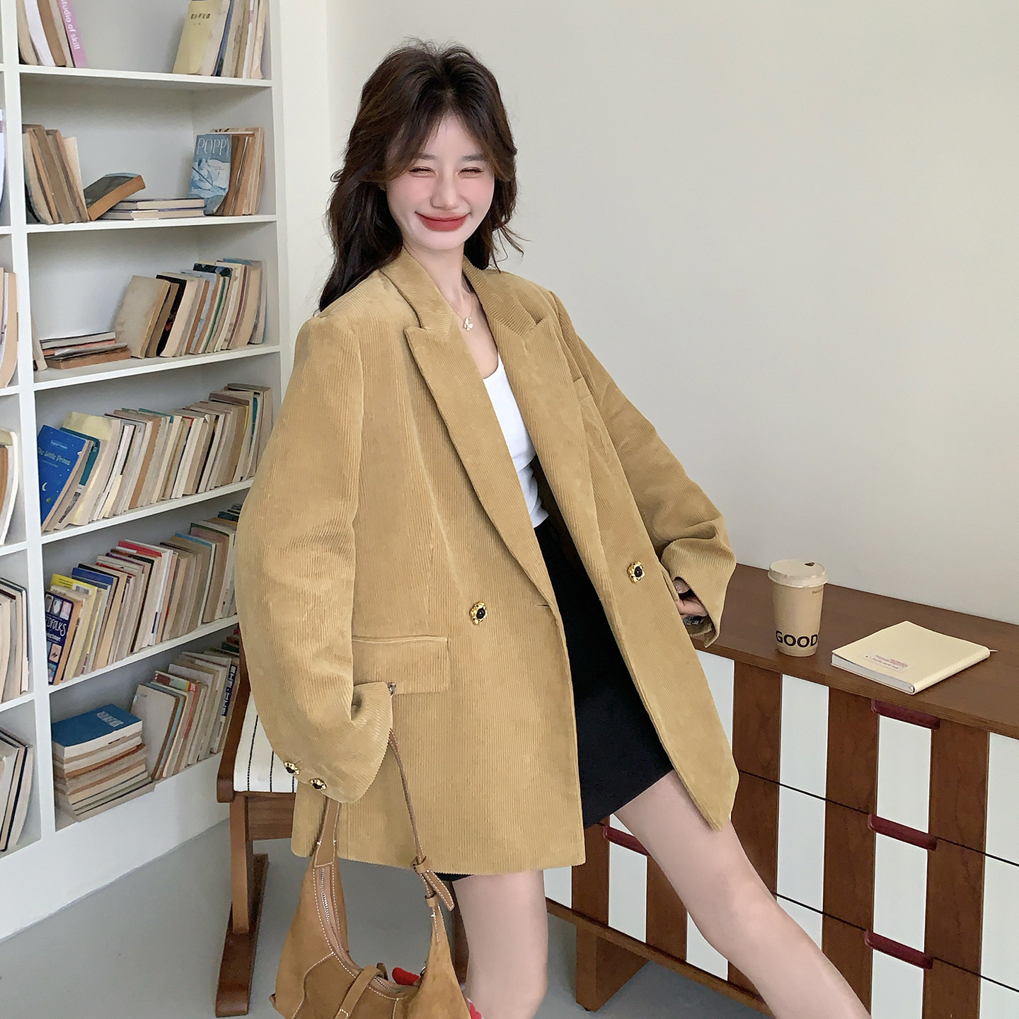 2026新款灯芯绒格子拼接西装短外套C201-P160K258,女装西装,2C320