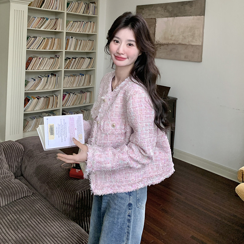 绝美气质感粉色短款小香风外套女春秋超火好看高级感小众夹克上衣,女装短外套,2D035