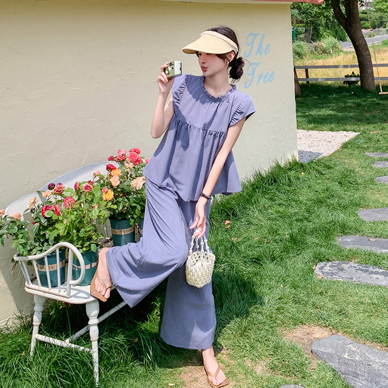 现货!套装女夏气质飞飞袖上衣阔腿长裤两件套5076P125K178,女装套装/套裙,2C166