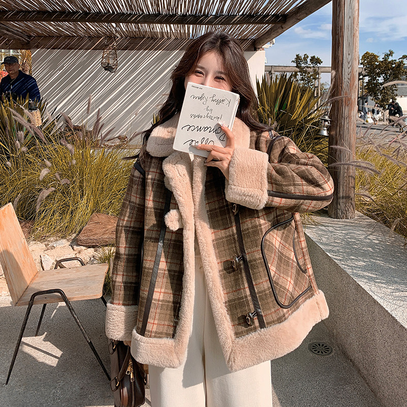 格子小个子加绒加厚羊羔毛外套女2024冬时尚机车甜酷休闲皮毛一体,女装棉衣/棉服,2C203