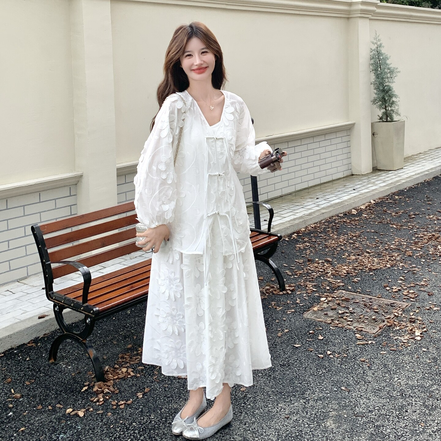 立体花朵宽松长袖衬衫+高腰半身裙两件套女2025秋季新款时尚套装,女装套装/套裙,2C093