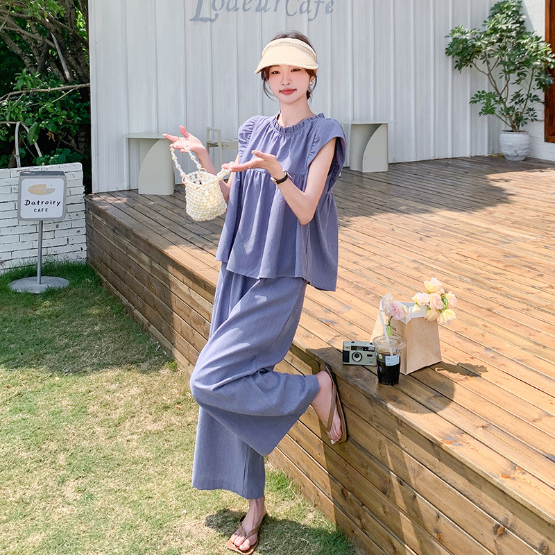现货!套装女夏气质飞飞袖上衣阔腿长裤两件套5076P125K178,女装套装/套裙,2C166