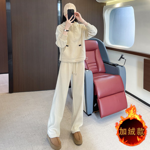 时尚运动风加绒连帽卫衣阔腿裤两件套图片