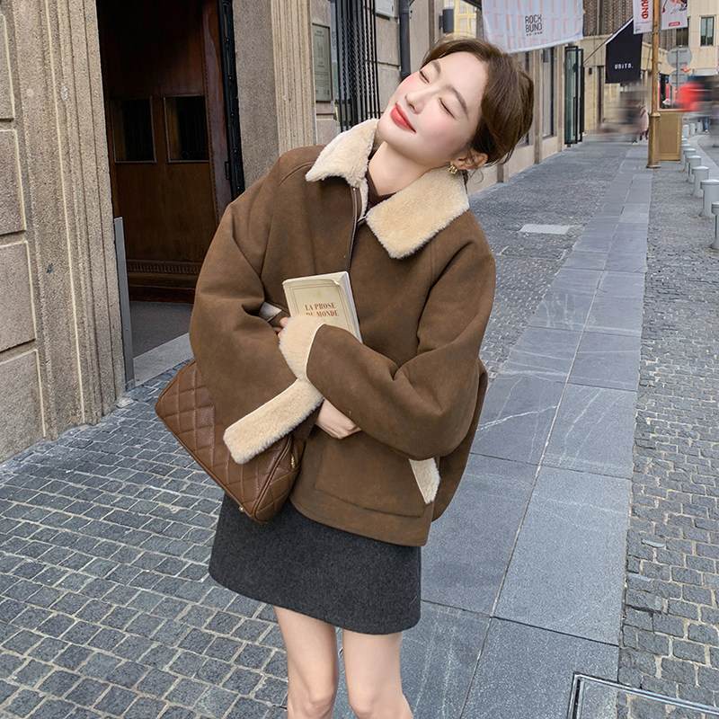 咖色皮毛一体羊羔毛外套韩系甜酷加绒棉服6087P190K278,女装棉衣/棉服,2C166