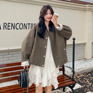撞色PU皮翻领夹克短外套2025新款女秋季老钱风设计感韩版休闲上衣图片