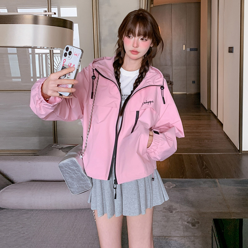 粉色小个子休闲冲锋衣女2025春季新款韩系超好看减龄百搭夹克上衣,女装短外套,2C098