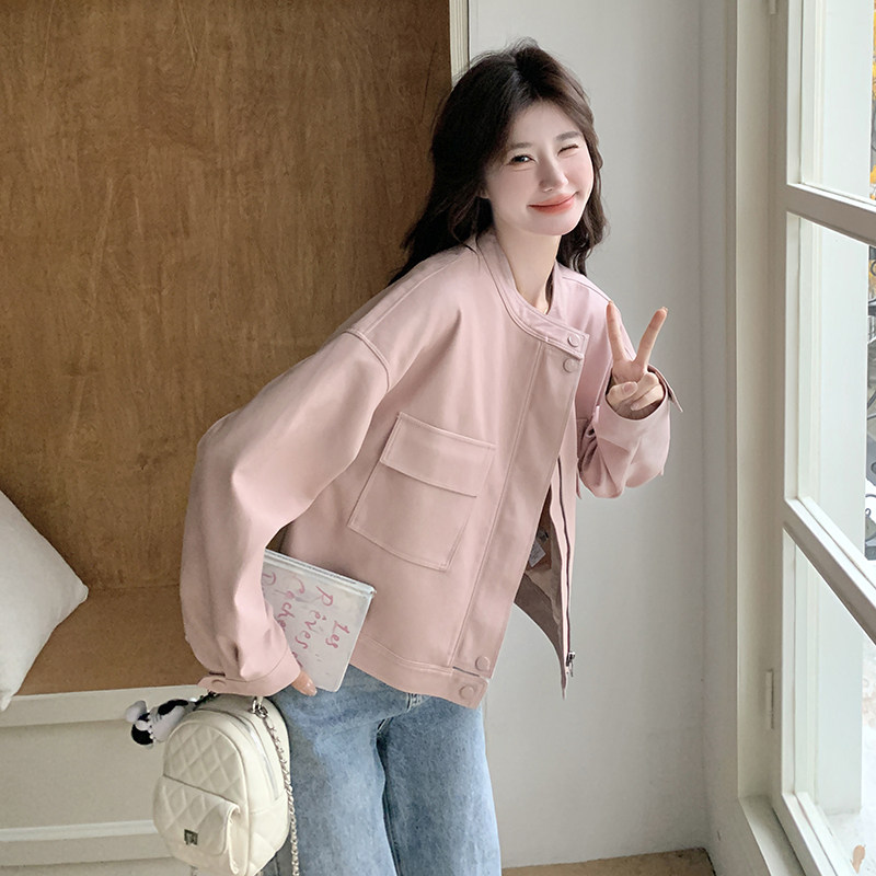 小香风粉色短款皮衣外套女春秋2025新款减龄百搭超火PU夹克高级感,女装皮衣,2C320