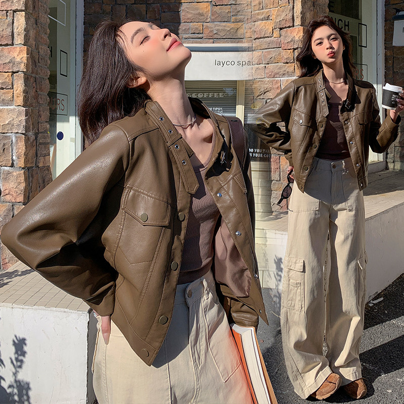 美拉德时髦洋气小个子PU皮衣女2025年秋季新款复古高级感炸街外套,女装皮衣,安在秀（1C042）