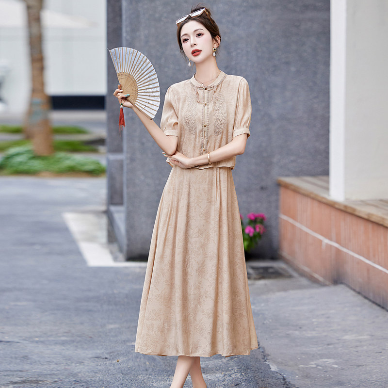 2025新款夏装复古优雅盘扣显瘦减龄刺绣印花两件套套装裙,女装套装/套裙,丽莎妳雅
