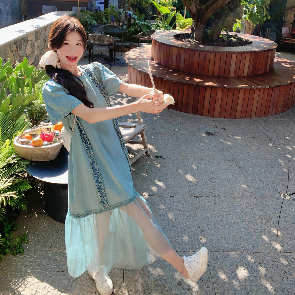 ！自制仙气网纱木耳边牛仔长裙显瘦短袖连衣裙w386p140k208,女装连衣裙,2C298