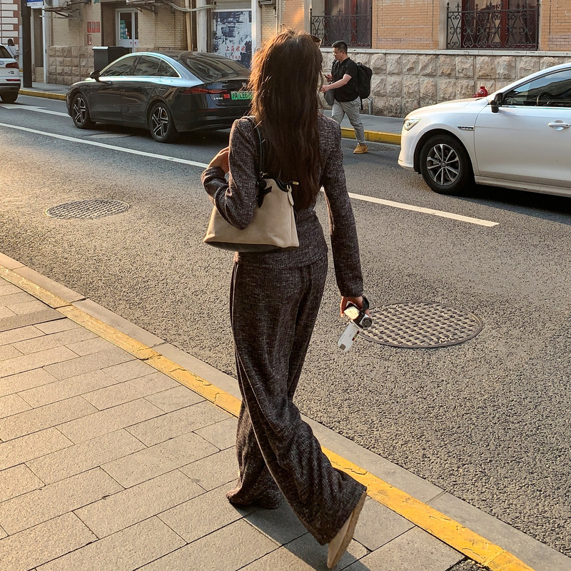 设计感系带显瘦针织上衣阔腿裤套装女2025秋韩系复古松弛感两件套,女装套装/套裙,2C353