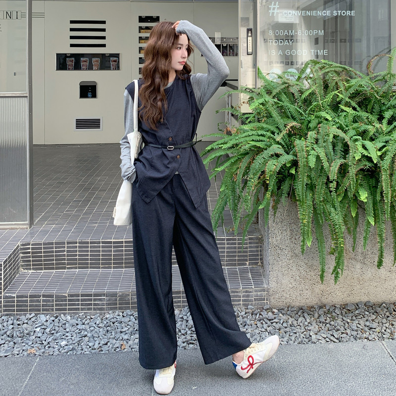 藏青色复古设计感收腰马甲套装女2025秋季打底衫休闲阔腿裤三件套,女装套装/套裙,2C115