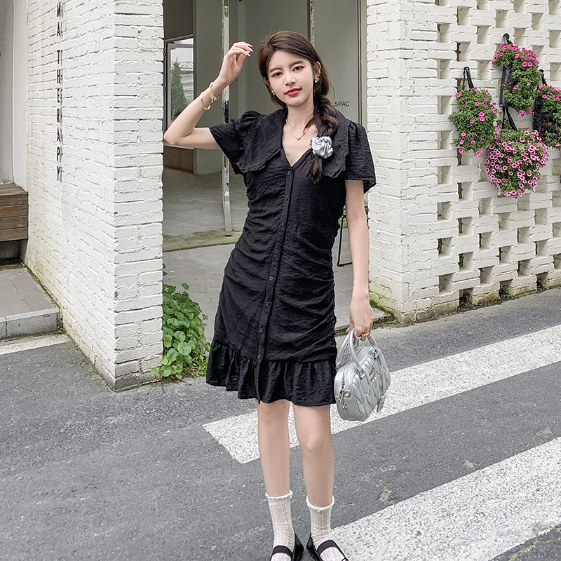 高品质2025春夏季新款连衣裙女夏小个子小众收腰显瘦小黑裙,女装连衣裙,2C222