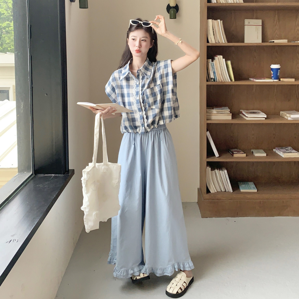 韩系甜美学院风蕾丝花边格子衬衣套装女夏季2025新款阔腿裤两件套,女装套装/套裙,2C135