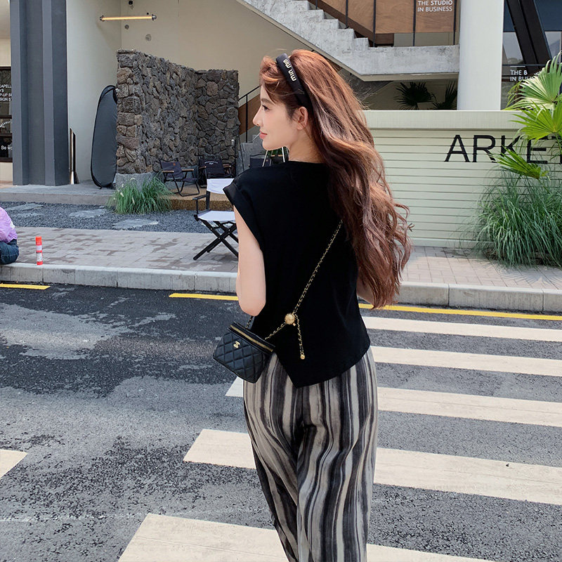 黑色掐腰T恤条纹高腰阔腿裤两件套女2025年夏季新款气质通勤套装,女装套装/套裙,2C339