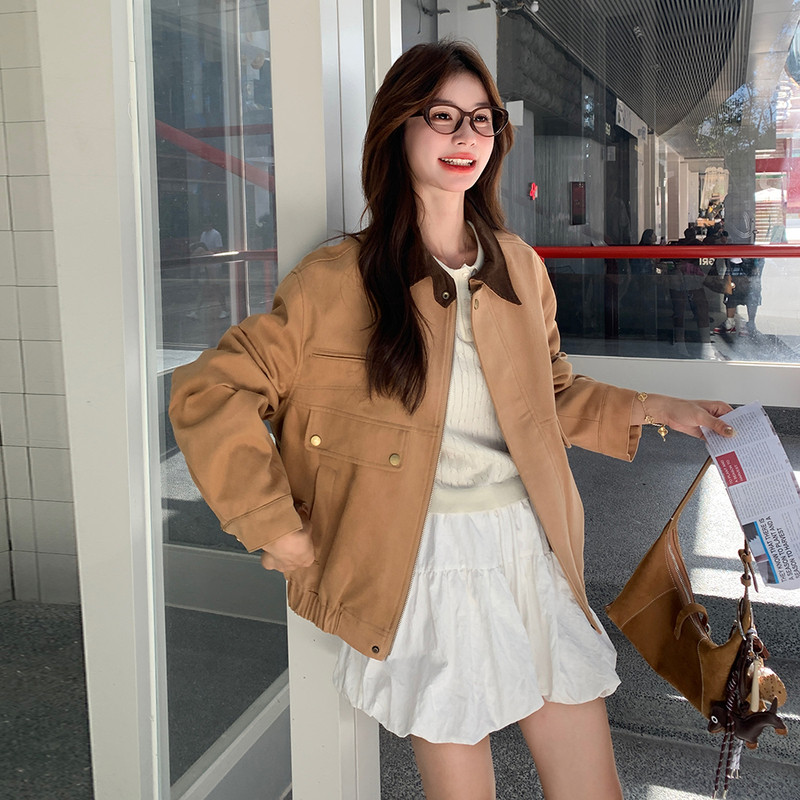 韩系复古拼色翻领外套女2025秋季新款设计感甜酷风休闲小个子夹克,女装短外套,2B235