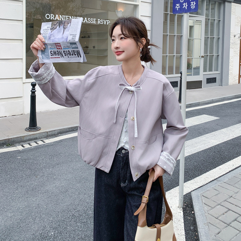 【26现货新款】春拼接短款单排扣圆领皮衣外套,女装皮衣,2C215