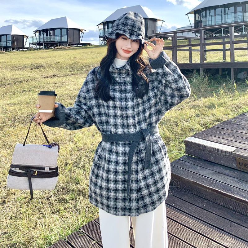 复古千鸟格双面呢大衣女2025年冬季新款韩系超好看气质羊毛呢外套,女装羊绒大衣,2C056