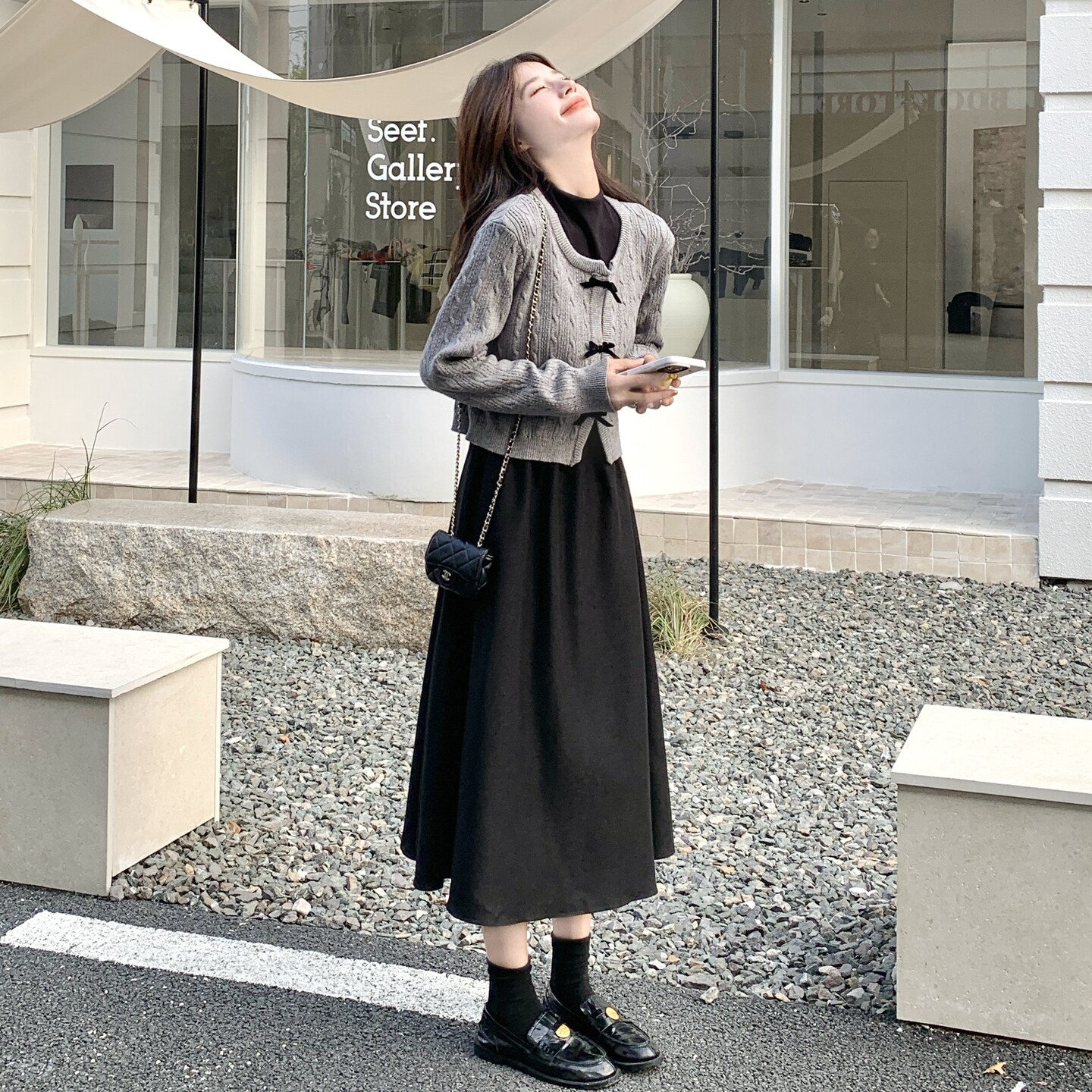 小香风气质减龄背心打底连衣裙两件套女秋冬蝴蝶结盘扣针织衫套装,女装套装/套裙,2C166