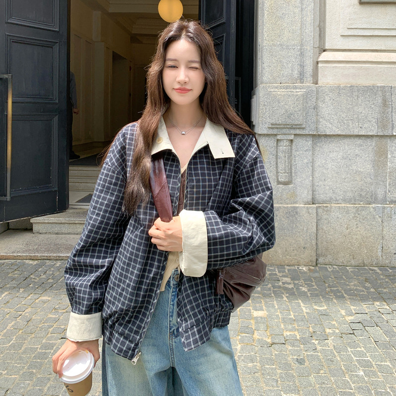 2909定制面料经典格子两面穿宽松版工装夹克外套P195K288,女装短外套,2C225