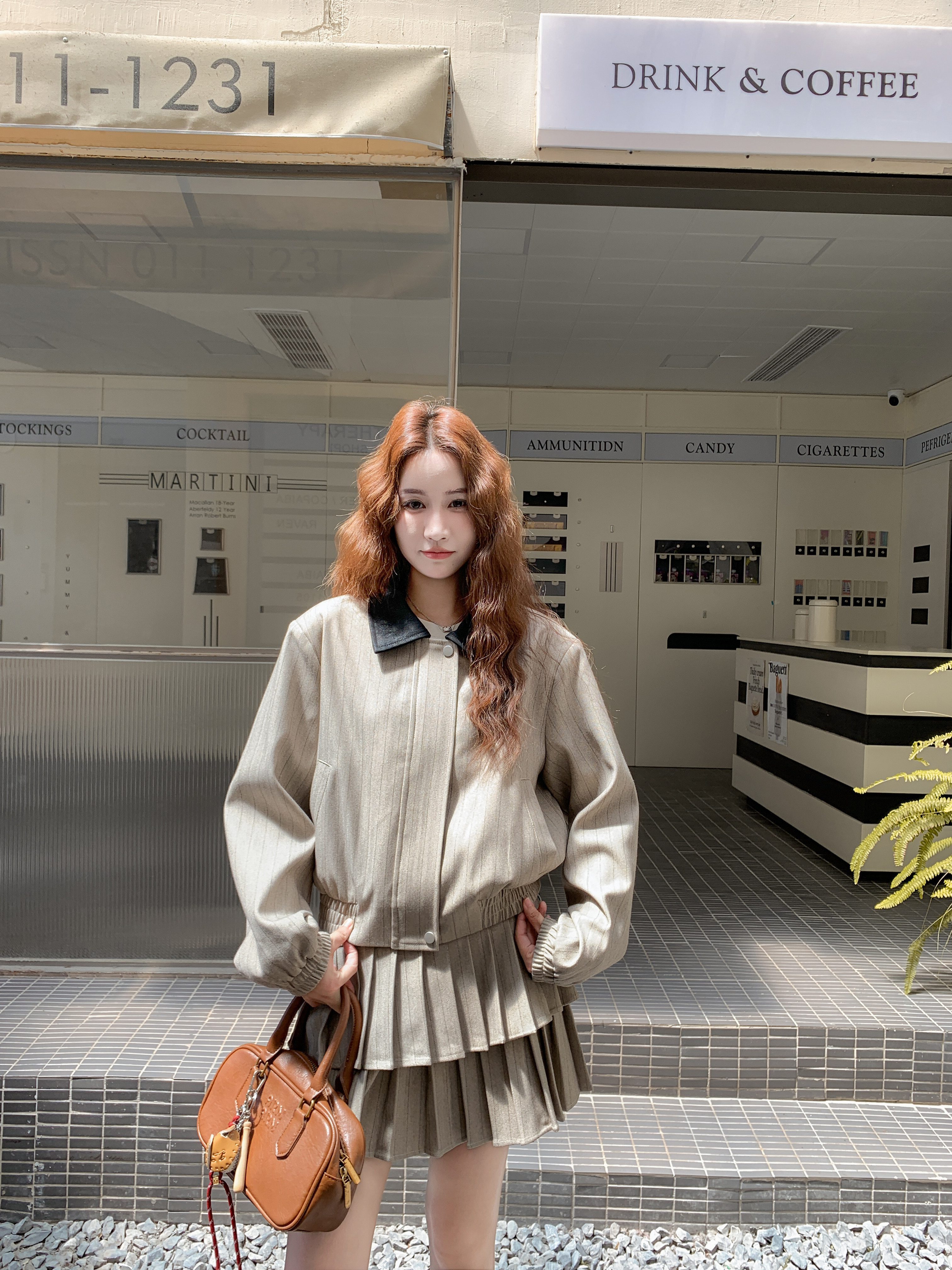 文艺日系复古条纹套装裙女2025秋季翻领短外套百褶半身短裙两件套图片