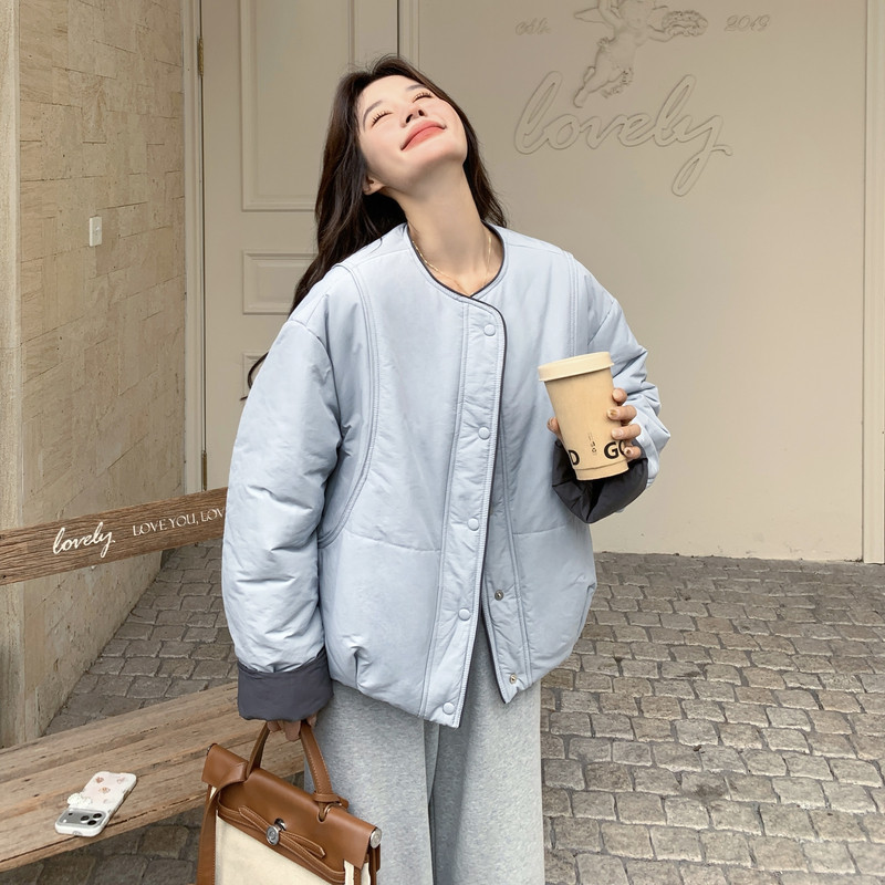 浅蓝色小香风撞色羽绒棉服外套女秋冬2025新款小个子棉服加厚棉袄,女装棉衣/棉服,2B142