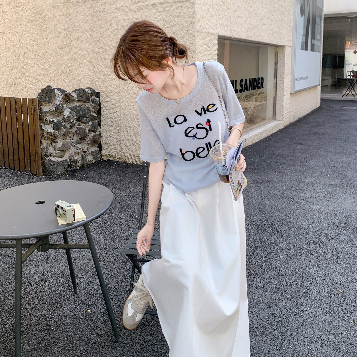 2025夏季新款韩版时尚气质百搭显瘦短袖上衣+高腰半身裙两件套女,女装套装/套裙,2C166