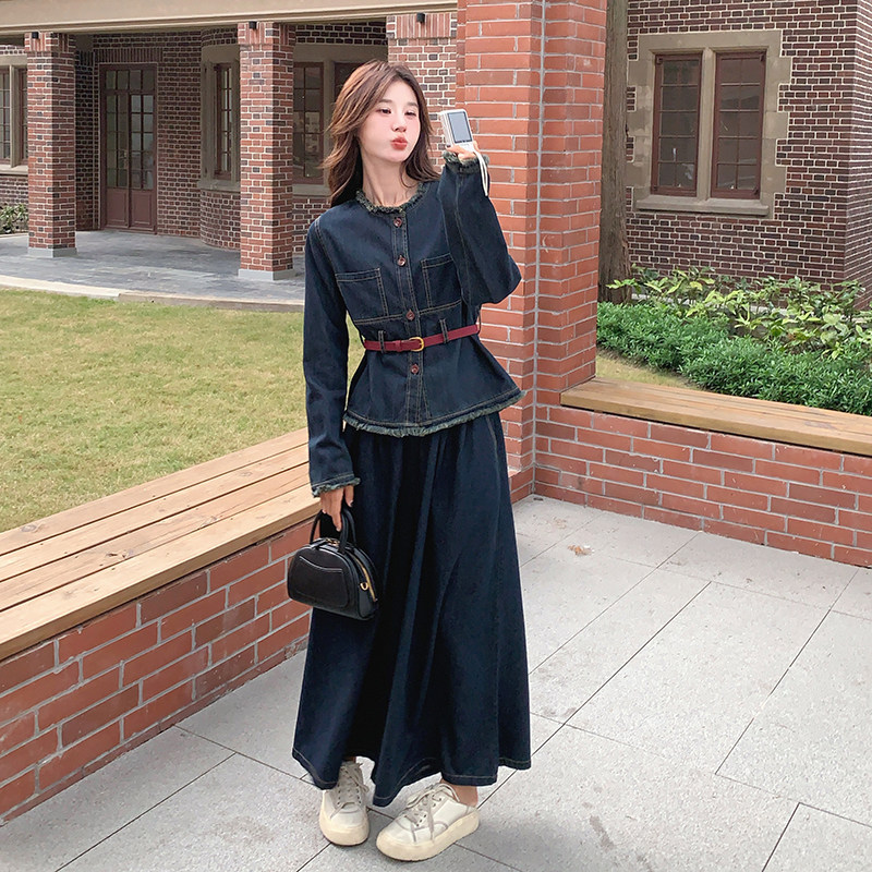 韩版时尚做旧毛边牛仔套装女2025春秋季新款显瘦高腰阔腿裤两件套,女装套装/套裙,2C098