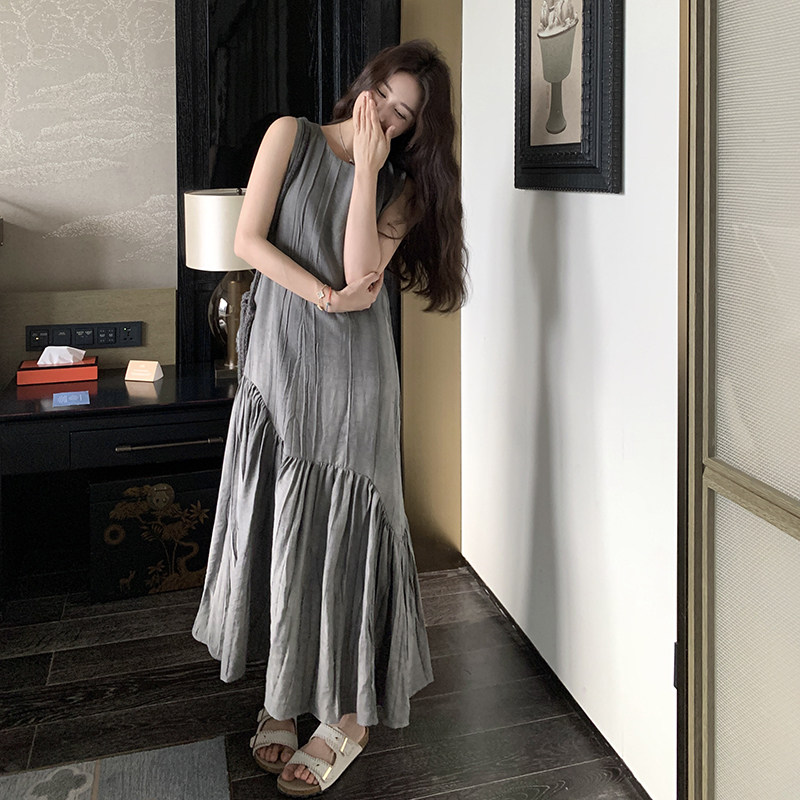现货款号7707工艺压皱质感麻料无袖鱼尾裙P155K238,女装连衣裙,2D043