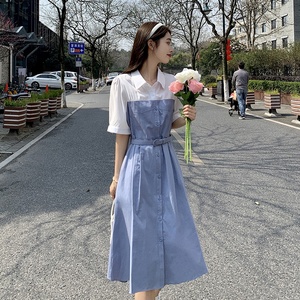 韩版连衣裙女夏2022年新款撞色法式设计感小众轻熟风收腰衬衫裙子图片