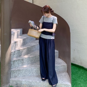 韩系休闲穿搭三件套女士2025夏季新款圆领短袖显瘦吊带阔腿裤套装图片